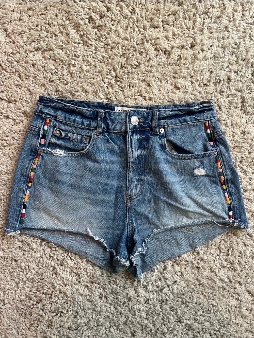 Garage High-Waisted Blue Jean Shorts with Rainbow Embroidery